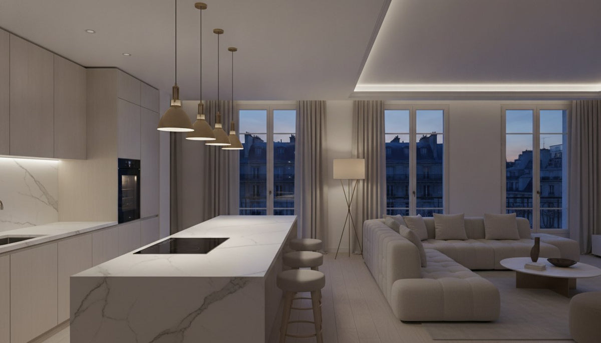 Idée éclairage pour cuisine ouverte sur salon : Scénographier l'espace en 2026 - Elements Lighting