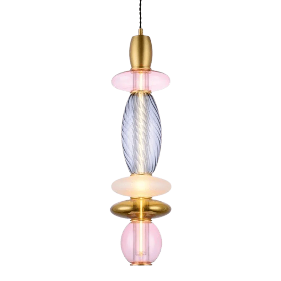 Suspension Léonor verticale verre soufflé – Rose / Fumé / Doré miroir, LED filament
