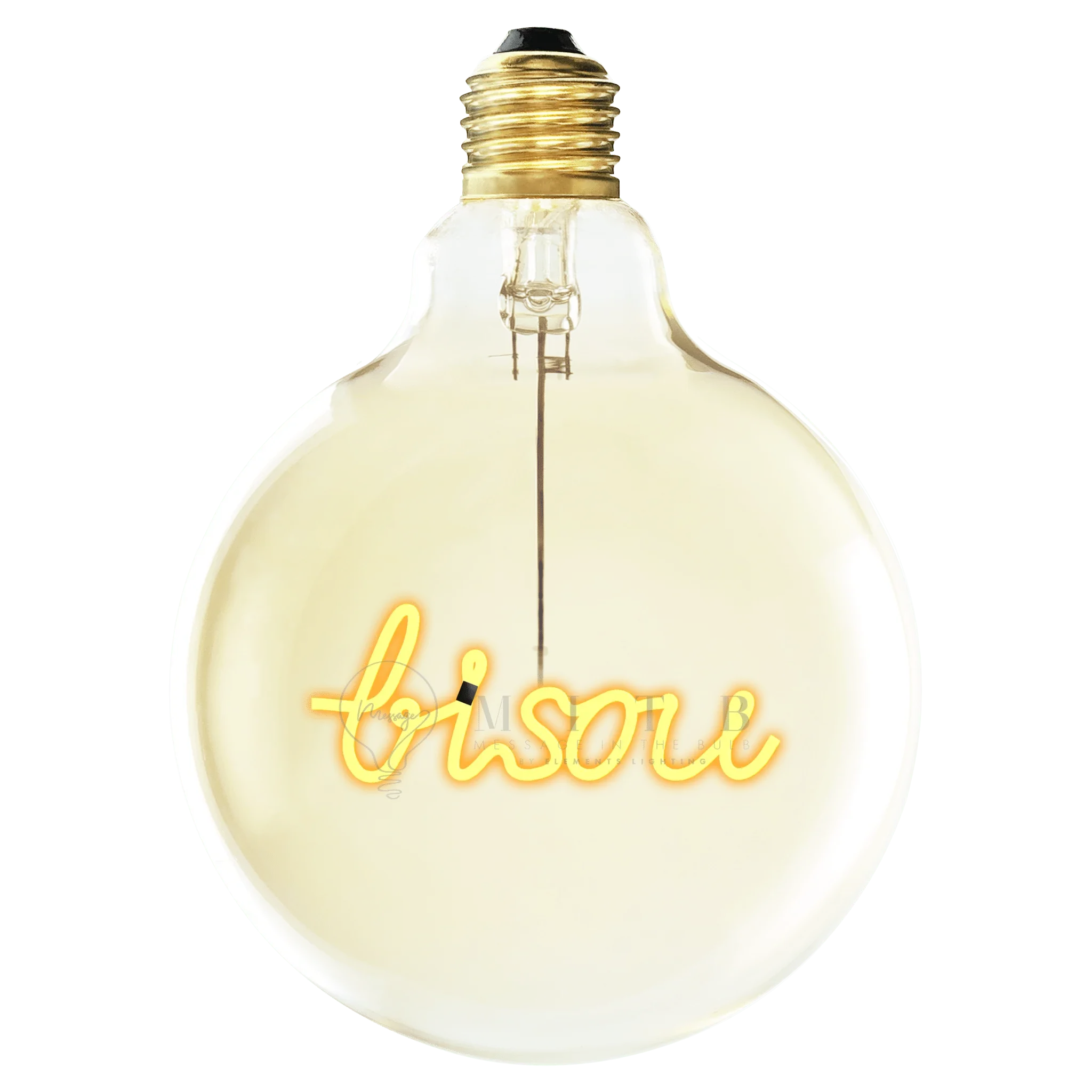 Ampoule LED design ronde avec message lumineux 'bisou' en filament jaune, style artisanal.