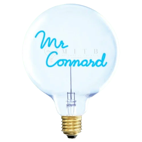 Ampoule LED design avec inscription lumineuse « Mr Connard » en bleu, déco originale