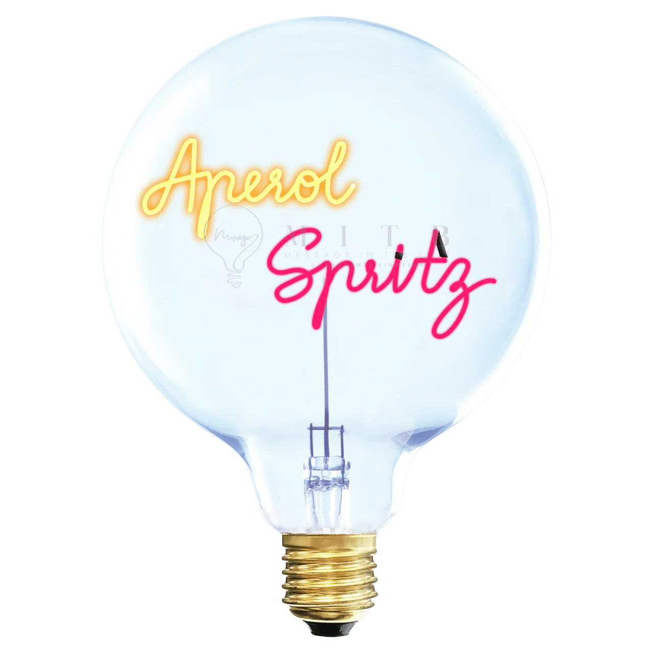 Ampoule LED ronde design avec texte lumineux Aperol Spritz, culot doré visible.