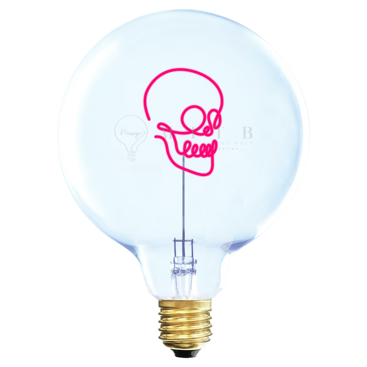 Ampoule LED design avec filament néon rouge en forme de crâne, luminaire décoratif moderne.