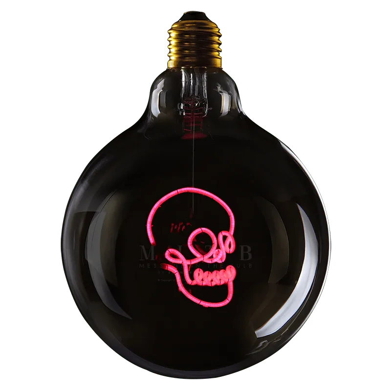 Ampoule LED design avec filament néon rose en forme de tête de mort lumineuse