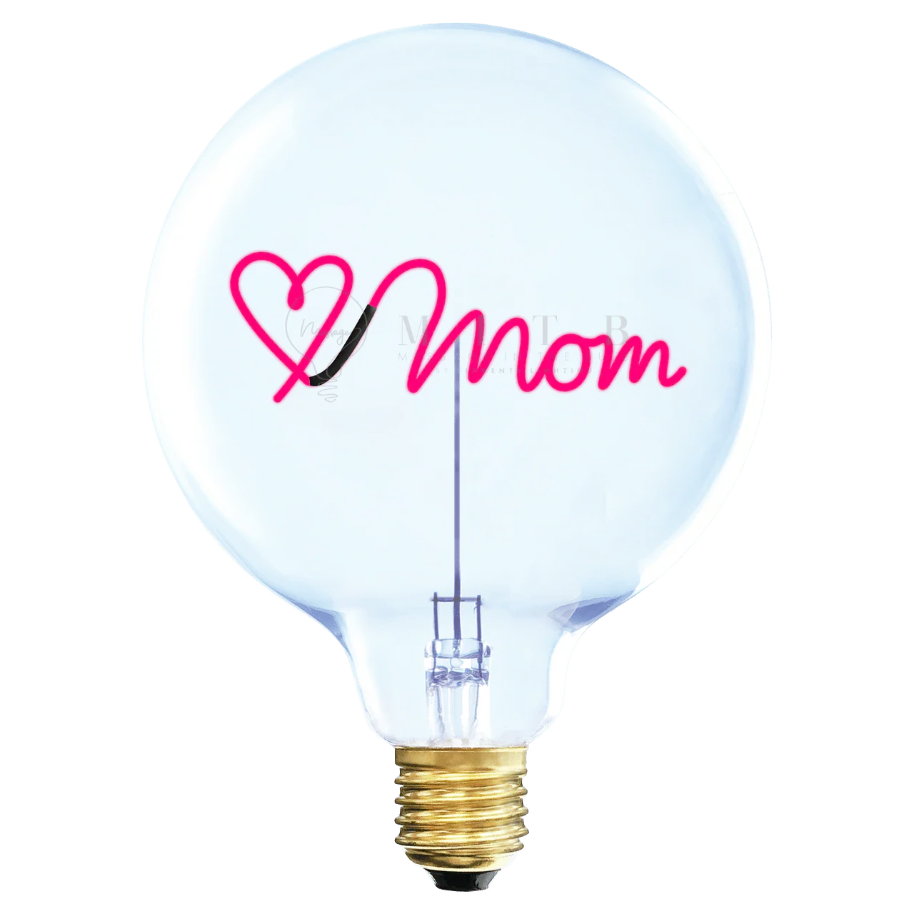 Ampoule LED design avec inscription 'Mom' en néon rose et cœur, style décoratif moderne.