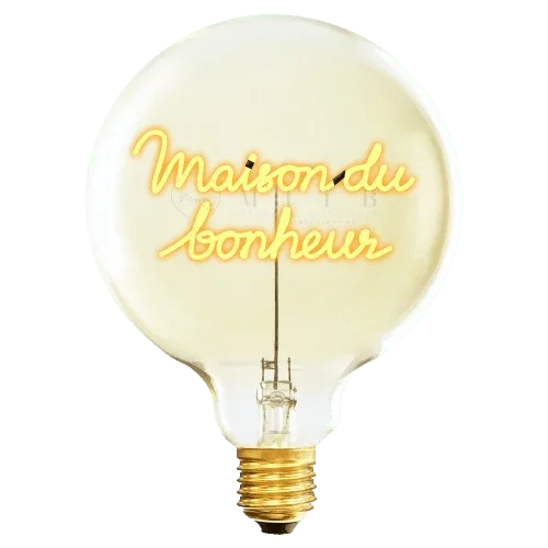 Ampoule LED design avec filament formant le message « Maison du bonheur », style décoratif moderne.