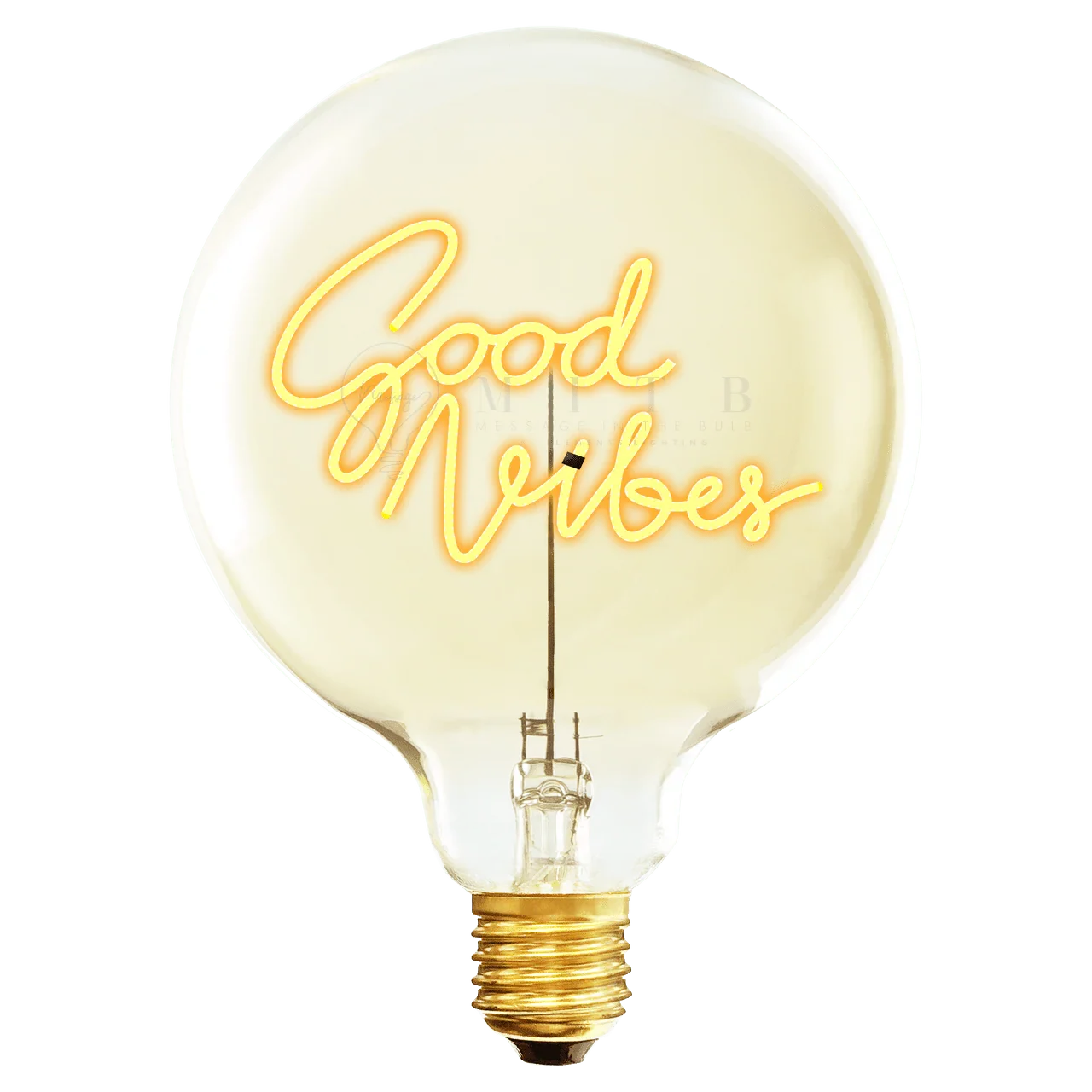 Ampoule LED design avec message lumineux Good Vibes en écriture jaune, style décoratif.
