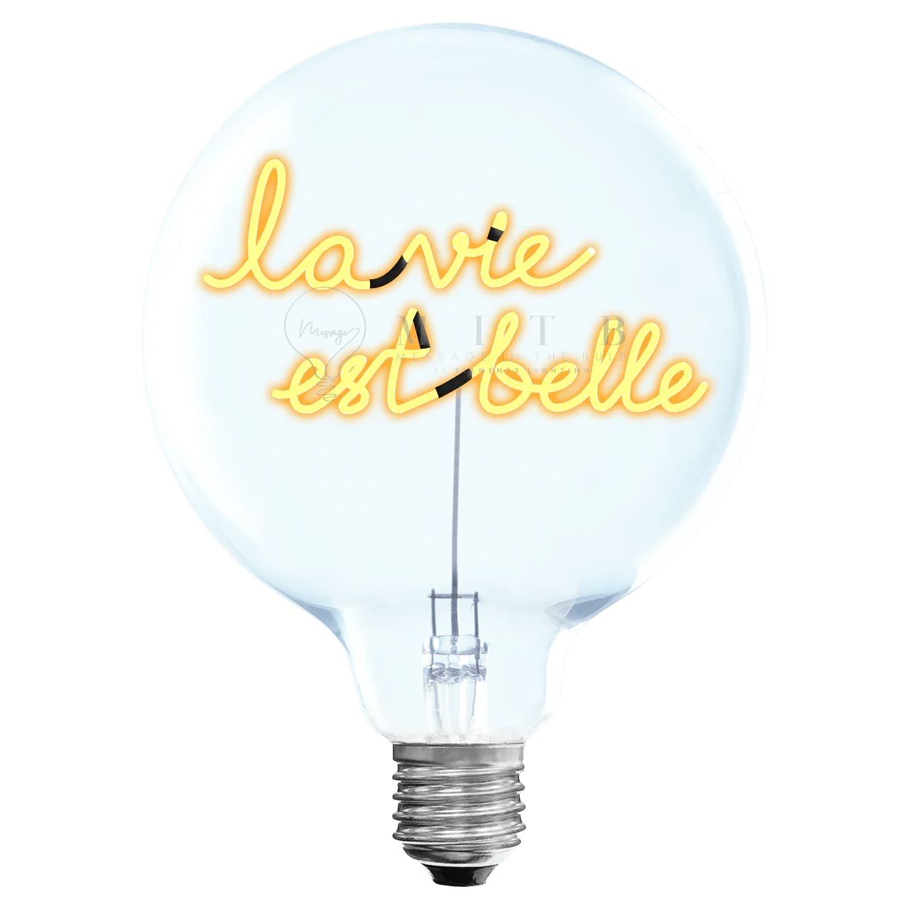 Ampoule LED design avec message lumineux "la vie est belle" en fil jaune, éclairage décoratif.