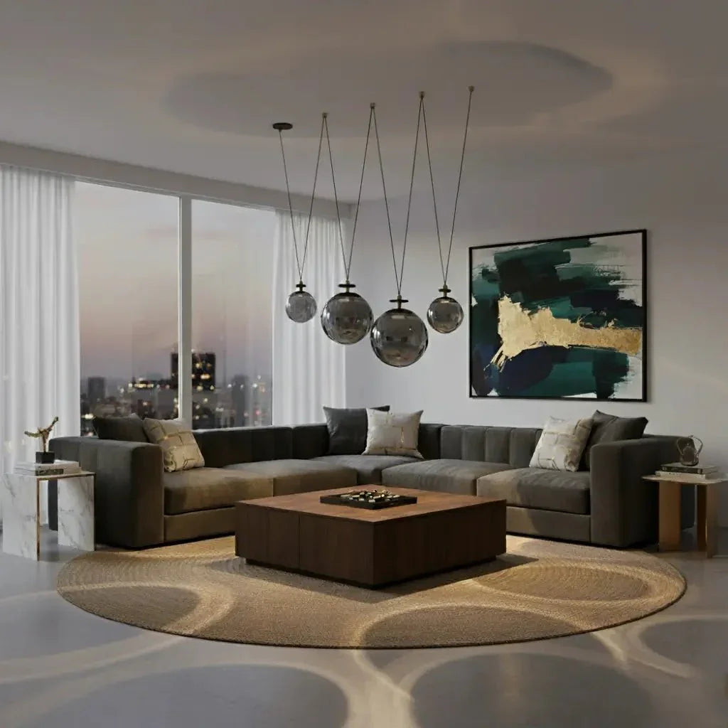 Suspension Diane 04 fumée – 4 globes en verre soufflé, hauteurs réglables