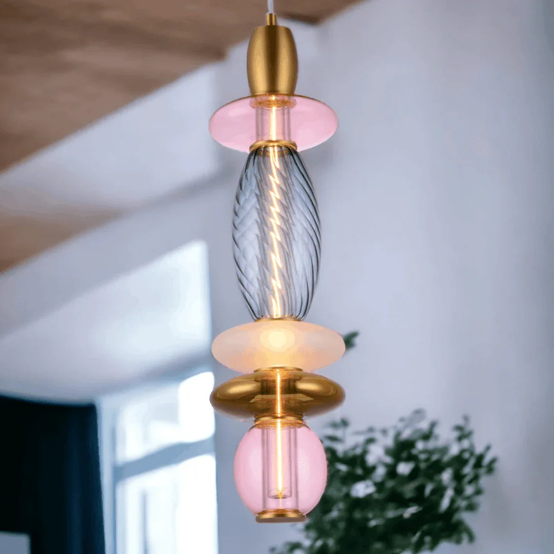 Suspension Léonor verticale verre soufflé – Rose / Fumé / Doré miroir, LED filament
